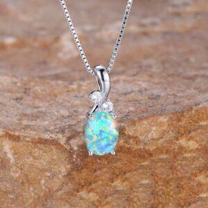 NEW 14k White Gold Blue Fire Opal Necklace Opal Pendant Necklace